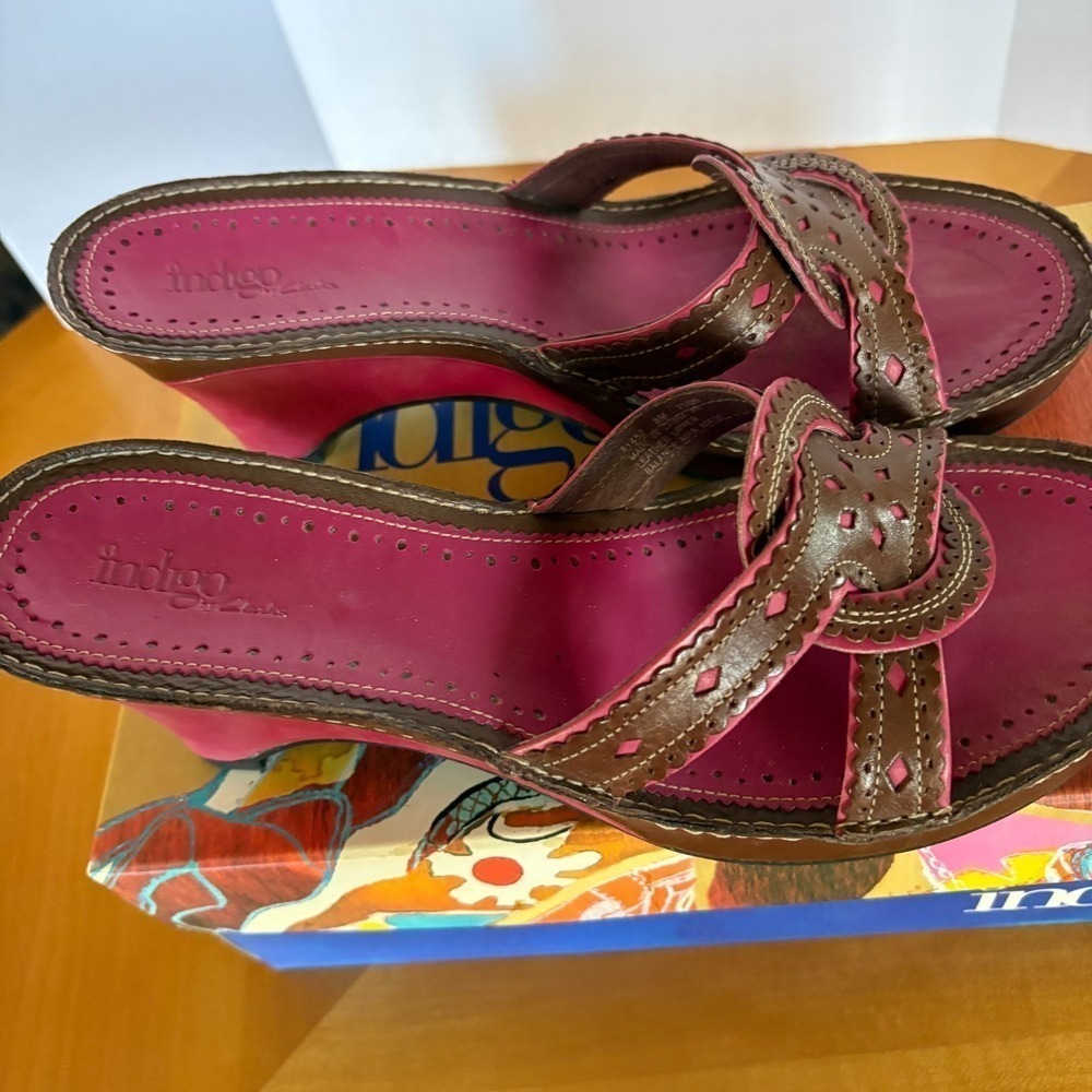 Indigo by Clarks Boelyn Earth Wedge Sandals Brown Pink Leather Women 8M Studded - Picture 8 of 16